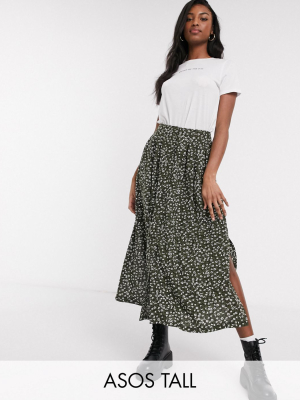 Asos Design Tall Button Front Midi Skirt In Green Floral Print