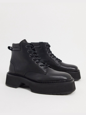 Asos Design Lace Up Boots In Black Hi-shine Leather On Chunky Sole