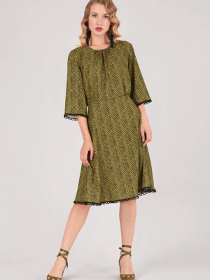 Mustard Zig-zag Gathered Neck A-line Dress