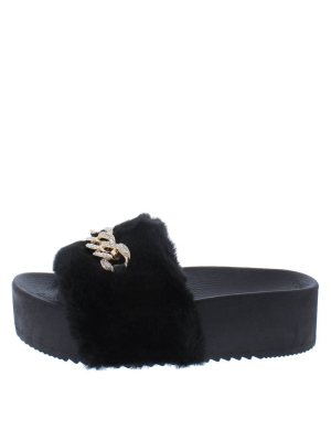 Morgan06ja Black Rhinestone Chain Faux Fur Slide Sandal