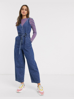 Asos Design Denim V Neck Jumpsuit In Blue