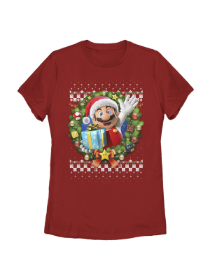 Women's Nintendo Ugly Christmas Mario Wreath T-shirt