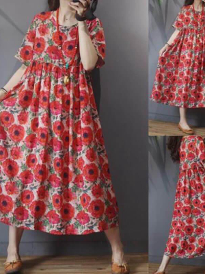 Plus Size - Women Floral Vintage Casual Short Sleeve Dress