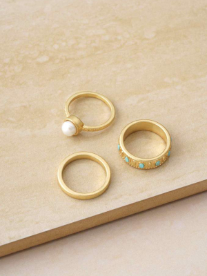 Turquoise And Pearl Worn 18k Gold Plated Ring Set