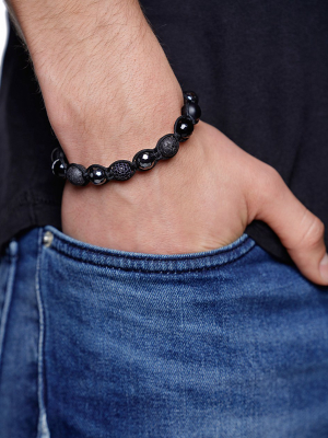 Men's Beaded Bracelet With Black Cz Diamond, Lava Stone, Matte Onyx, And Agate