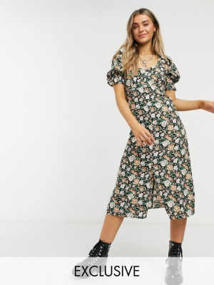 Reclaimed Vintage Inspired Puff Sleeve Midi Dress In Vintage Floral