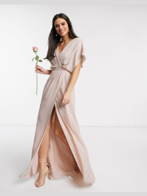 Asos Design Bridesmaid Short Sleeved Cowl Front Maxi Dress With Button Back Detail In Blush