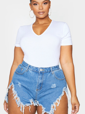 Plus Mid Wash Extreme Thigh Rip Denim Short