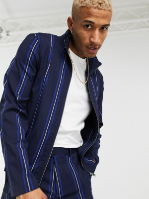 Asos Design Two-piece Smart Track Jacket In Navy Stripe