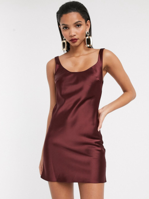 Asos Design Scoop Neck Mini Satin Slip Dress In Oxblood