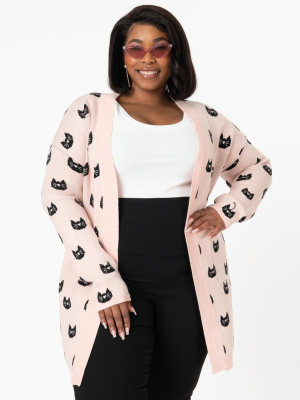 Plus Size Light Pink & Black Cat Face Open Long Cardigan