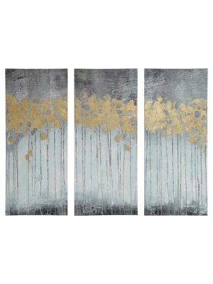 (set Of 3) 15" X 35" Evening Forest Gel Coat Canvas With Gold Foil Embellishment Gray