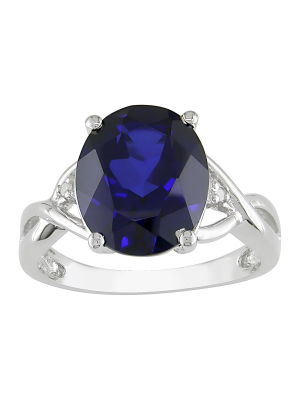 Created Blue Sapphire And Diamond Ring In Sterling Silver - Blue/white