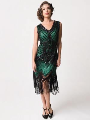 Unique Vintage 1920s Deco Green & Black Sequin Veronique Fringe Flapper Dress