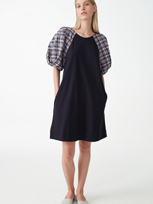 Checked Puff Sleeve Cotton Dress