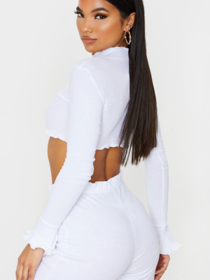 White Rib Frill Detail Long Sleeve Crop Top