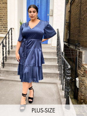 Little Mistress Plus Tiered Satin Midi Dress In Navy