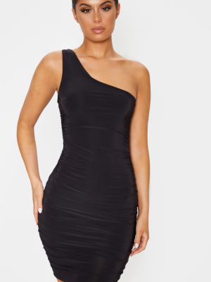 Black Slinky One Shoulder Ruched Bodycon Dress