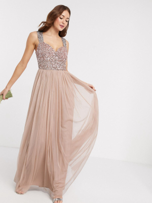 Maya Bridesmaid Allover Contrast Sequin Bust Maxi Dress In Taupe Blush