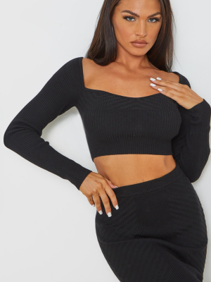 Black Ribbed Knitted Long Sleeve Top