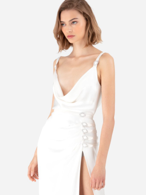 White Double Silk Satin Cowl Neck Maxi Dress