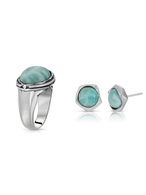 Larimar Oval Ring + Geometric Larimar Earrings