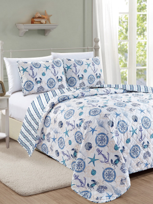 Great Bay Home Azure Coastal Printed Quilt Set