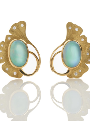 Opal & Diamond Ginkgo Leaf Earrings