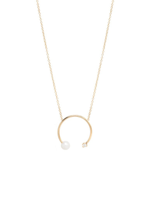 14k Open Circle Pearl & White Diamond Necklace