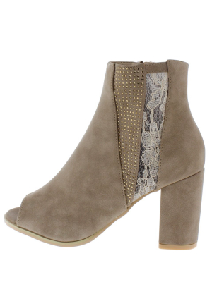 Brenda055 Khaki Sparkle Lace Peep Toe Ankle Boot