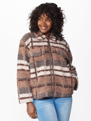 Plaid Zip Front Faux Sherpa Jacket