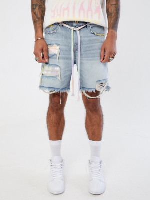 Denim Shorts With Tie Dye R/r And Paint Splat - Light Blue