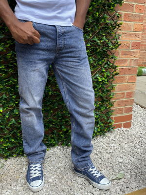 Topman Straight Leg Jeans In Mid Wash Blue