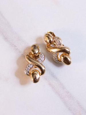 Vintage Gold Swirl Doorknocker Pave Rhinestone Statement Earrings