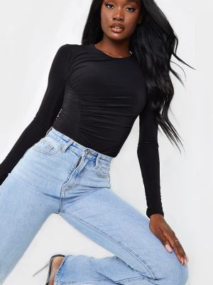 Tall Black Ruched Side Slinky Long Sleeve Bodysuit