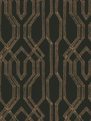 Sample Oriental Lattice Wallpaper In Black And Gold From The Tea Garden Collection By Ronald Redding For York Wallcoverings