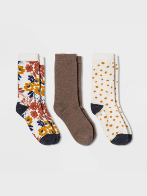 Women's Floral 3pk Crew Socks - A New Day™ Ivory/heather Brown 4-10