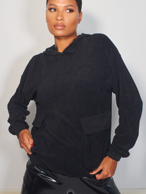 Black Towelling Oversized Pocket Sweatshirt