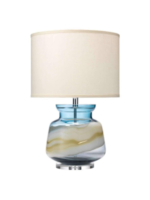 Ursula Table Lamp In Blue Swirl With Classic Drum Shade In Sea Salt Linen