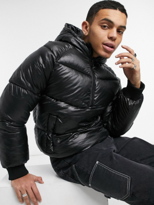 Asos Design Overhead Puffer Jacket In High Shine Black
