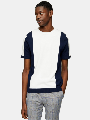 White And Navy Color Block Knitted T-shirt