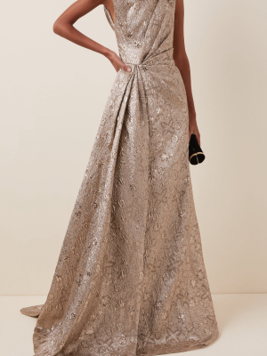 Asymmetric Metallic Jacquard Gown