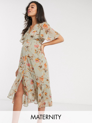 Hope & Ivy Maternity Plunge Midi Tea Dress In Meadow Floral