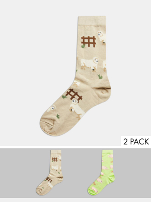 Asos Design Ankle Socks With Farm Animals 2-pack
