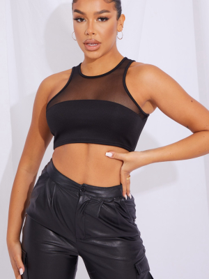 Black Mesh Insert Scuba Racer Neck Crop Top