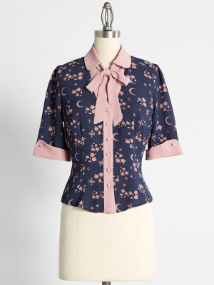 Moonflower Blooms Tie-neck Blouse