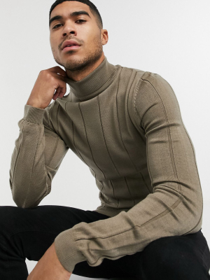 Asos Design Knitted Wide Rib Roll Neck Sweater In Brown