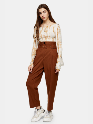 Brown High Waist Belted Peg Pants