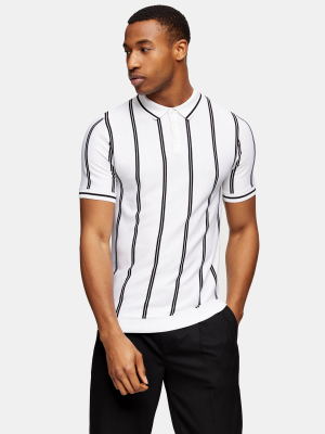 Black And White Stripe Button Knitted Polo
