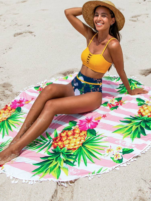 Floral And Pineapple Round Beach Blanket